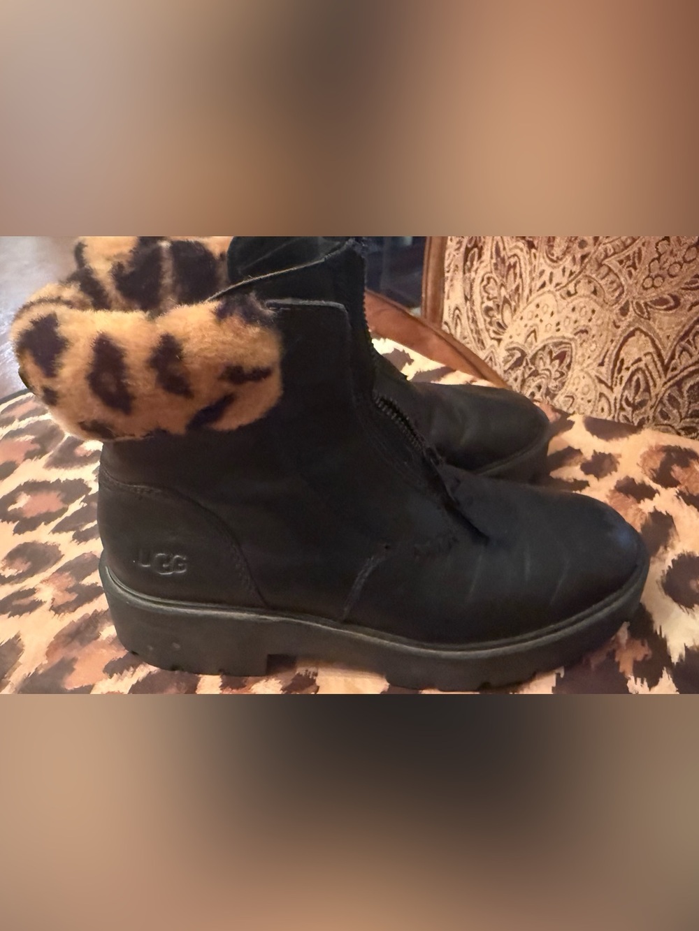 Women’s UGG, Black Leather Ankle Boots with Leopard Trim - Picture 3 of 3